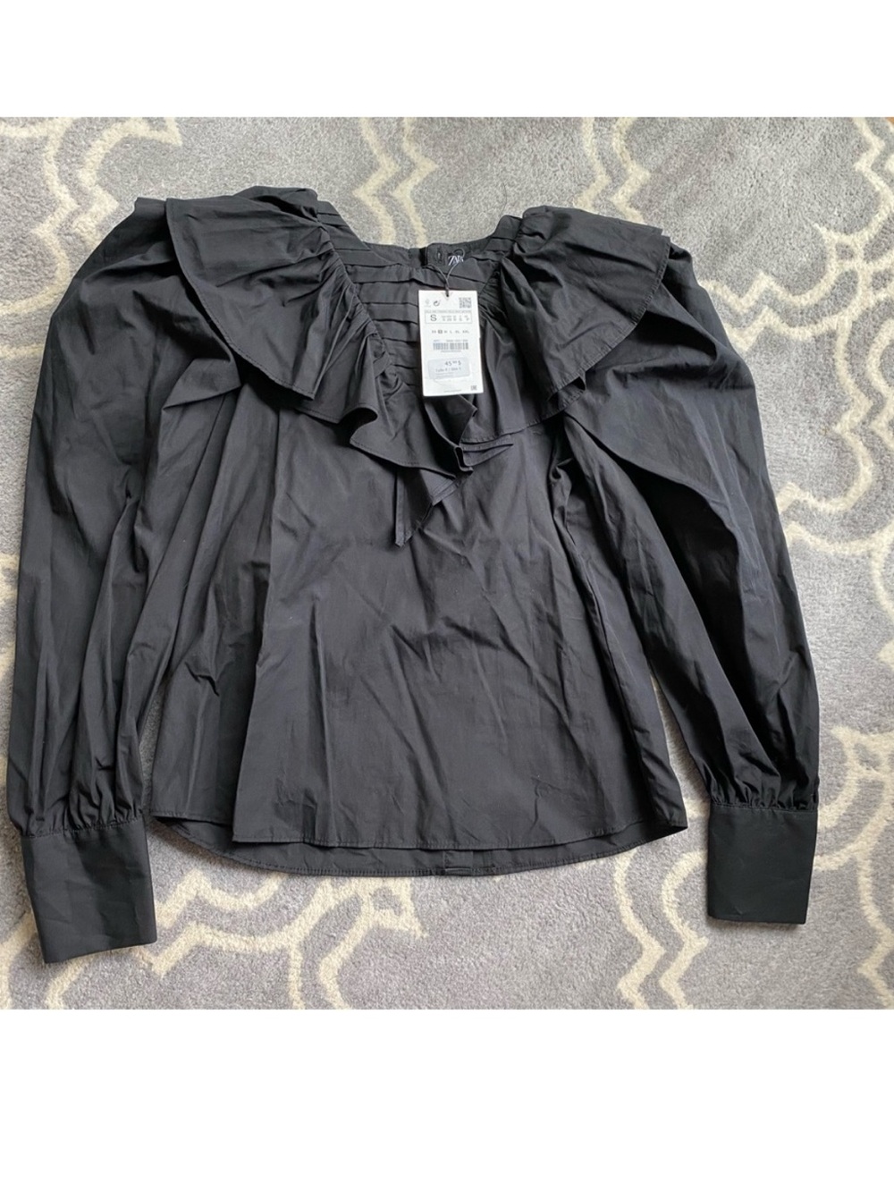 New Zara Cotton Black Ruffles Long Sleeve Button Down Shirt